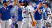 Walker Buehler, Rich Hill, Kenley Jansen, Clayton Kershaw and Will Smith celebrate after a Los Angeles Dodgers win against the Colorado Rockies