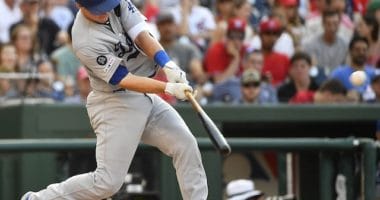 Los Angeles Dodgers catcher Will Smith hits a three-run double against the Washington Nationals