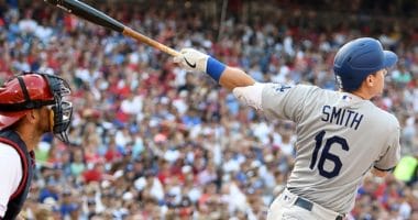 Los Angeles Dodgers catcher Will Smith hits a three-run double against the Washington Nationals