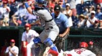 Los Angeles Dodgers catcher Will Smith receives a throw at home plate