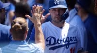 Los Angeles Dodgers center fielder A.J. Pollock is congratulated in the dugout