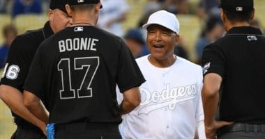 New York Yankees manager Aaron Boone and Los Angeles Dodgers manager Dave Roberts with umpires before a game at Dodger Stadium