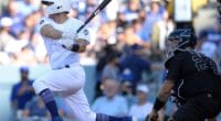 Los Angeles Dodgers catcher Austin Barnes hits a double against the New York Yankees