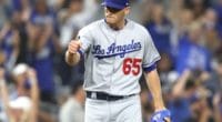Los Angeles Dodgers relief pitcher Casey Sadler reacts after his first career MLB save