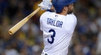 Los Angeles Dodgers utility player Chris Taylor hits a home run against the Toronto Blue Jays