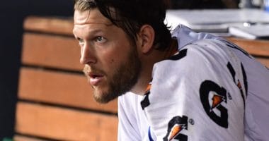 Los Angeles Dodgers starting pitcher Clayton Kershaw in the dugout at Dodger Stadium