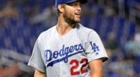 Los Angeles Dodgers pitcher Clayton Kershaw walks off the field during a start against the Miami Marlins
