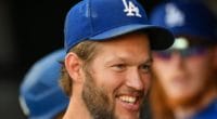 Los Angeles Dodgers pitcher Clayton Kershaw in the dugout at SunTrust Park