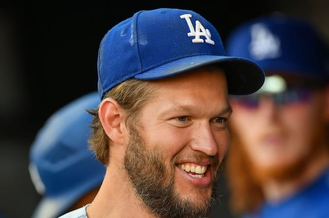 Los Angeles Dodgers pitcher Clayton Kershaw in the dugout at SunTrust Park
