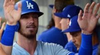 Los Angeles Dodgers All-Star Cody Bellinger is congratulated after scoring a run