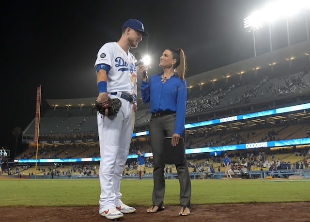 SportsNet LA reporter Alanna Rizzo interviews Los Angeles Dodgers All-Star Cody Bellinger