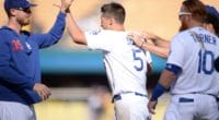 Cody Bellinger, Corey Seager and Justin Turner celebrate after a Los Angeles Dodgers walk-off win