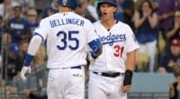 Los Angeles Dodgers teammates Cody Bellinger and Joc Pederson celebrate after a home run