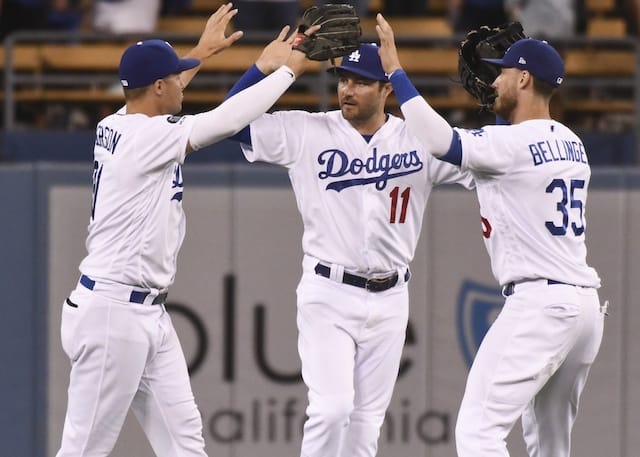 Cody Bellinger, Joc Pederson and A.J. Pollock celebrate after a Los Angeles Dodgers win