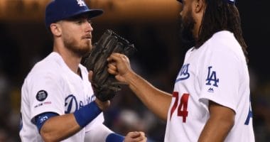 Cody Bellinger and Kenley Jansen celebrate after a Los Angeles Dodgers win