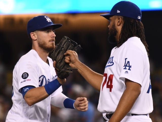 Cody Bellinger and Kenley Jansen celebrate after a Los Angeles Dodgers win