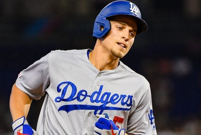 Los Angeles Dodgers shortstop Corey Seager rounds the bases after hitting a home run