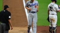 Los Angeles Dodgers shortstop Corey Seager scores a run against the San Diego Padres