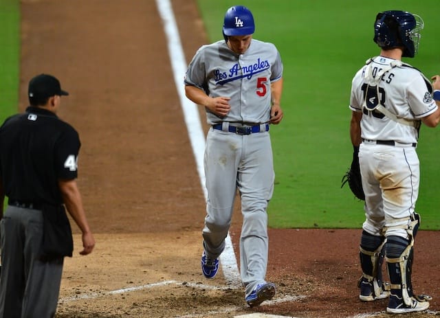Los Angeles Dodgers shortstop Corey Seager scores a run against the San Diego Padres