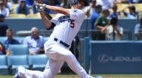 Los Angeles Dodgers shortstop Corey Seager strikes out
