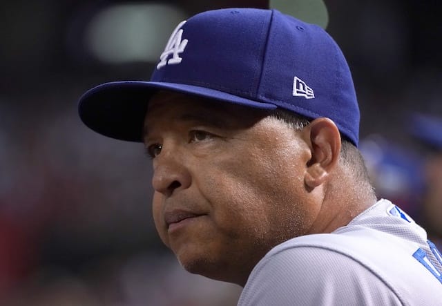 Los Angeles Dodgers manager Dave Roberts looks on during a game at Chase Field