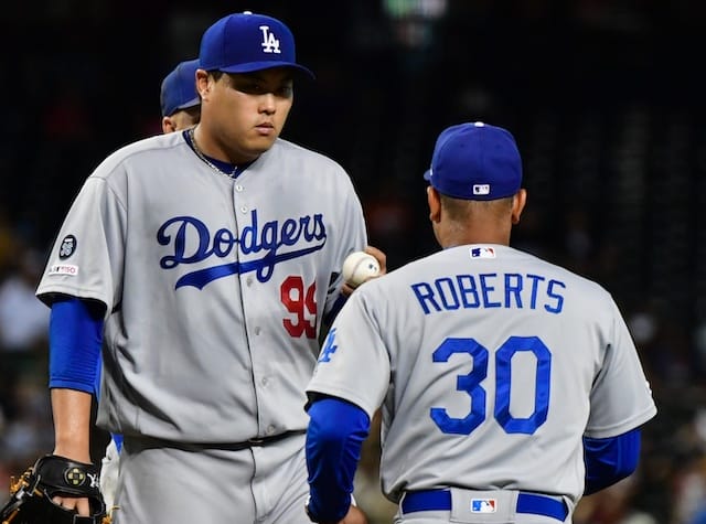 Los Angeles Dodgers manager Dave Roberts removes Hyun-Jin Ryu from a start against the Arizona Diamondbacks