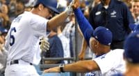 Los Angeles Dodgers manager Dave Roberts congratulates Will Smith after his grand slam against the San Diego Padres