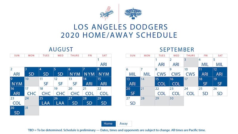 Los Angeles Dodgers 2020 schedule with games for August-September