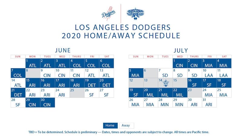 Los Angeles Dodgers 2020 schedule with games for June-July