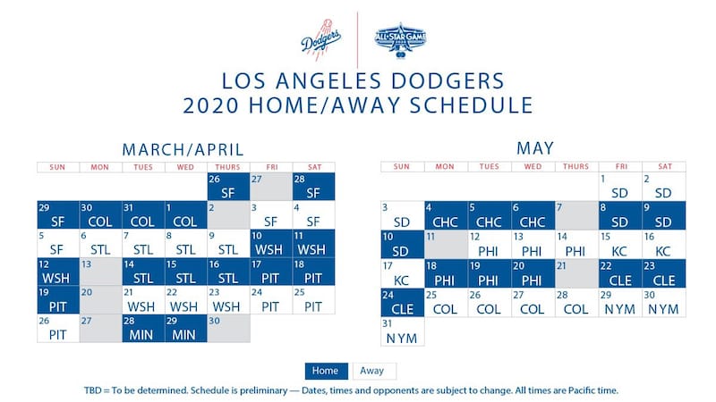 Los Angeles Dodgers 2020 schedule with games for March-May