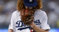 Los Angeles Dodgers pitcher Dustin May reacts during his MLB debut