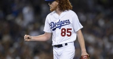 Los Angeles Dodgers pitcher Dustin May reacts during his MLB debut