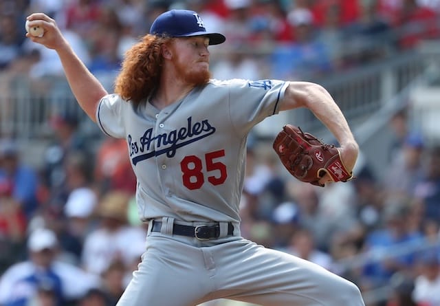 Los Angeles Dodgers pitcher Dustin May in a game against the Atlanta Braves