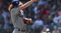Los Angeles Dodgers pitcher Dustin May reacts during a game against the Atlanta Braves
