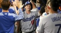 Will Smith is congratulated by Los Angeles Dodgers teammates after hitting a home run