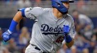 Los Angeles Dodgers infielder Edwin Rios hits a home run