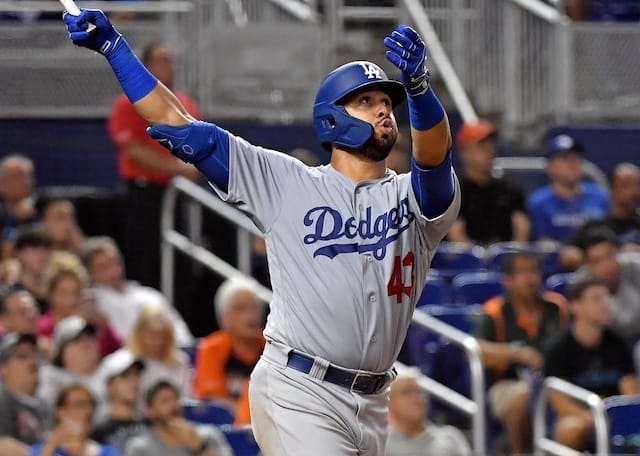 Los Angeles Dodgers infielder Edwin Rios hits a home run
