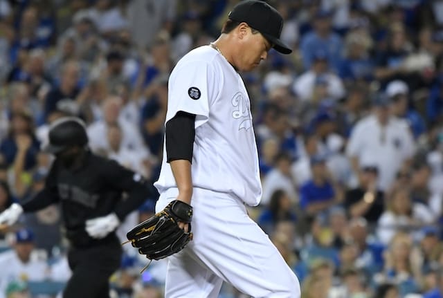 Los Angeles Dodgers pitcher Hyun-Jin Ryu reacts after allowing a home run to New York Yankees shortstop DiDi Gregorious