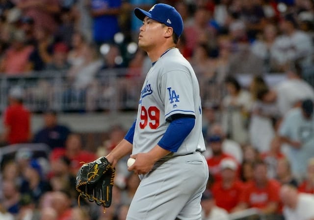 Los Angeles Dodgers pitcher Hyun-Jin Ryu reacts after allowing a home run against the Atlanta Braves