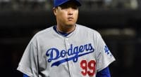 Los Angeles Dodgers pitcher Hyun-Jin Ryu walks off the field between innings