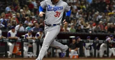 Los Angeles Dodgers outfielder Joc Pederson scores a run against the Arizona Diamondbacks