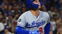Los Angeles Dodgers outfielder Joc Pederson watches a home run