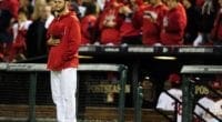 Former St. Louis Cardinals pitcher Joe Kelly during a national anthem standoff before a game against the Los Angeles Dodgers in the 2013 NLCS