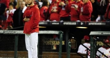 Former St. Louis Cardinals pitcher Joe Kelly during a national anthem standoff before a game against the Los Angeles Dodgers in the 2013 NLCS