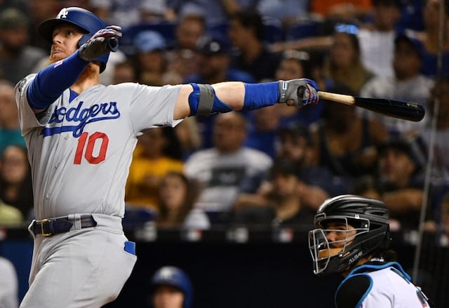 Los Angeles Dodgers third baseman Justin Turner hits a home run against the Miami Marlins