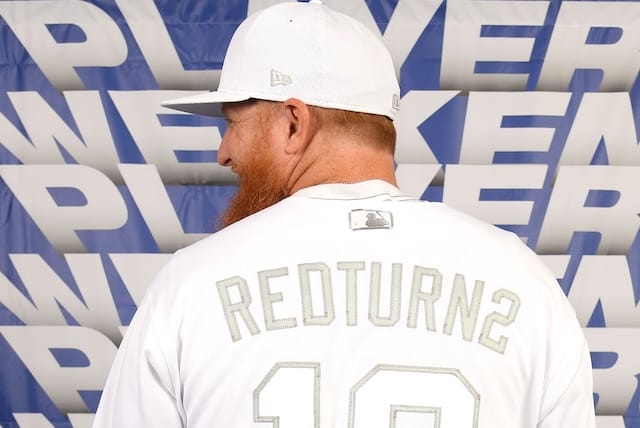 Los Angeles Dodgers third baseman Justin Turner displays his 2019 Players Weekend jersey