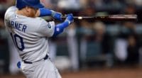 Los Angeles Dodgers third baseman Justin Turner hits a home run