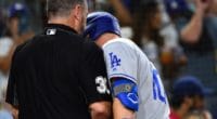 Los Angeles Dodgers third baseman Justin Turner argues with umpire Rob Drake
