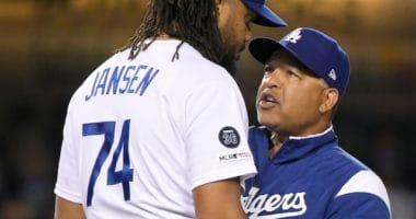 Los Angeles Dodgers manager Dave Roberts speaks with Kenley Jansen