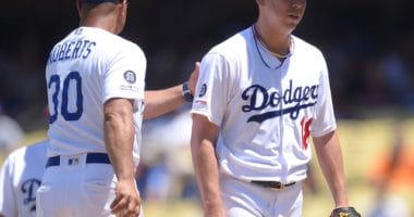 Los Angeles Dodgers manager Dave Roberts removes Kenta Maeda from a start